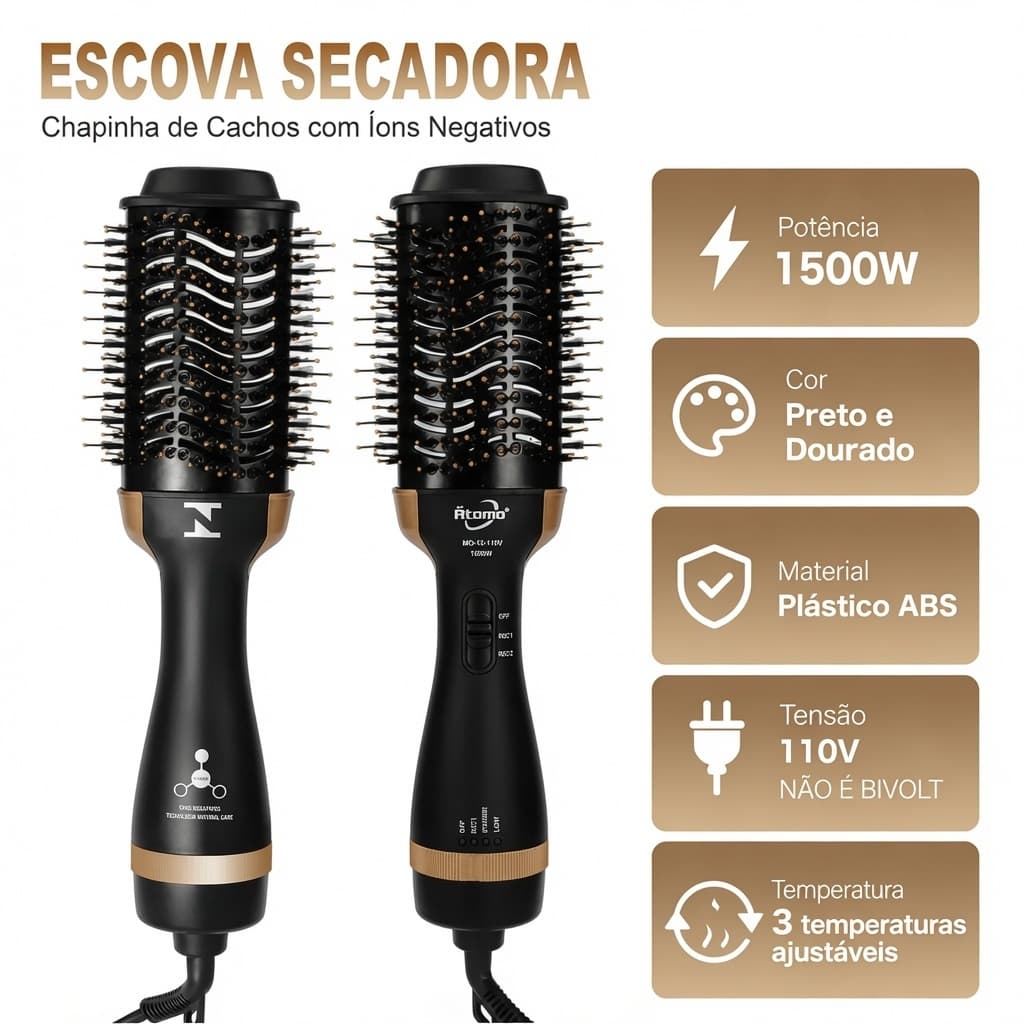 Escova 3 Em 1 Profissional 1500w Seca Rápido Alisa Modela