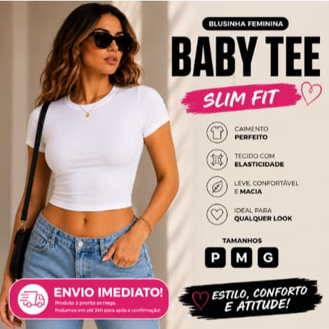Blusinha Baby Tee Feminina Blusa Manga Curta Suplex Premium Gola Redonda Slim Justinha Casual Confortável Moda Blogueira