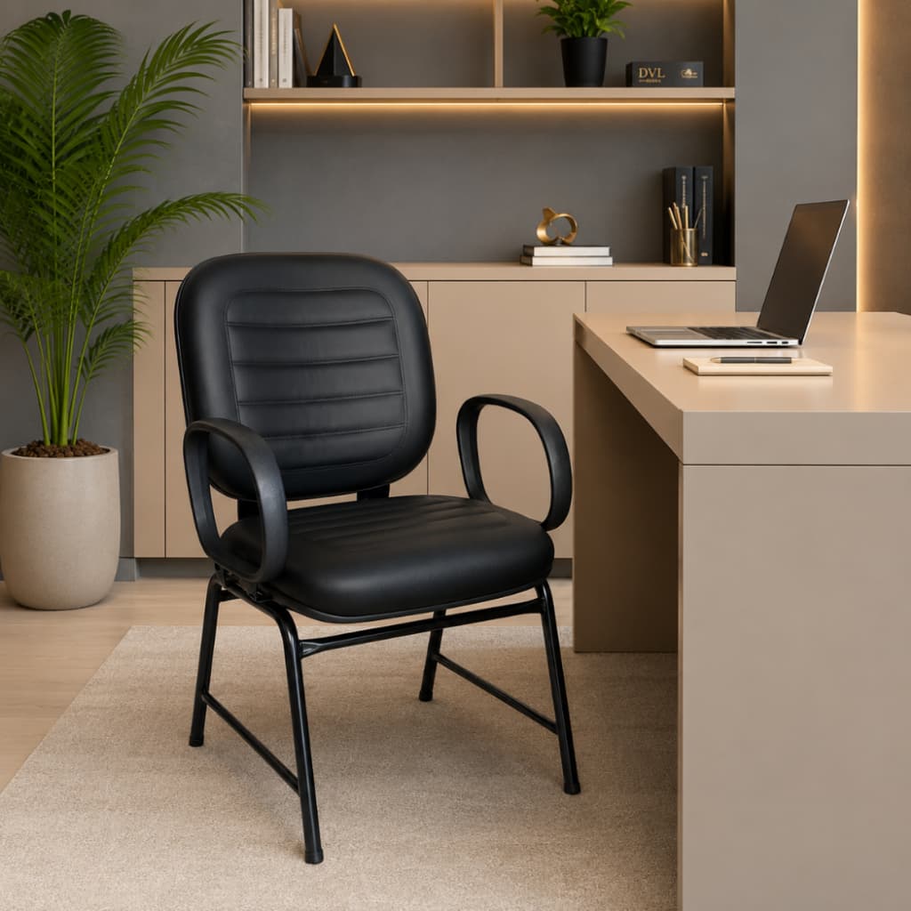 Cadeira Obeso Fixa Plus Size Reforçada 200kg Corino Preto Para Escritório Poltrona Ergonômica Recepção
