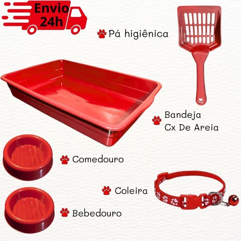 Kit caixa de areia para gatos higiênico com pá comedouro bebedouro banheira coleira sanitário