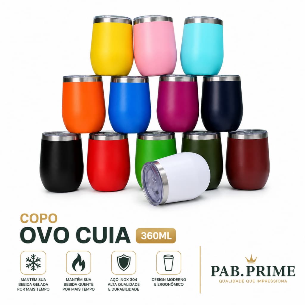 Copo Ovo Cuia 360ml Térmico com Tampa Transparente Para Bebida Quente e Gelada