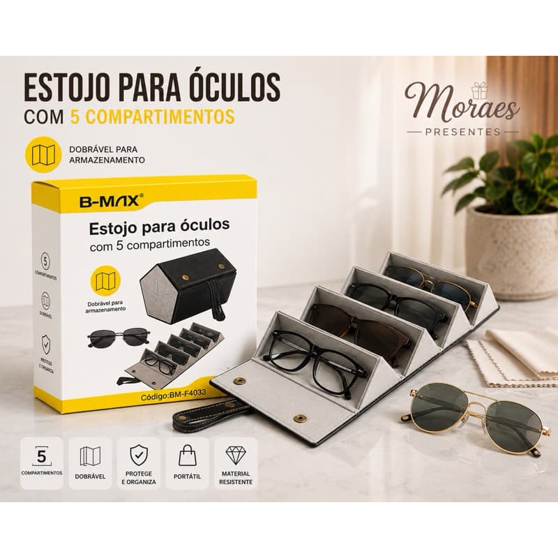 Estojo dobrável para óculos com 5 compartimentos. Organiza, protege e facilita o transporte com muito estilo.
