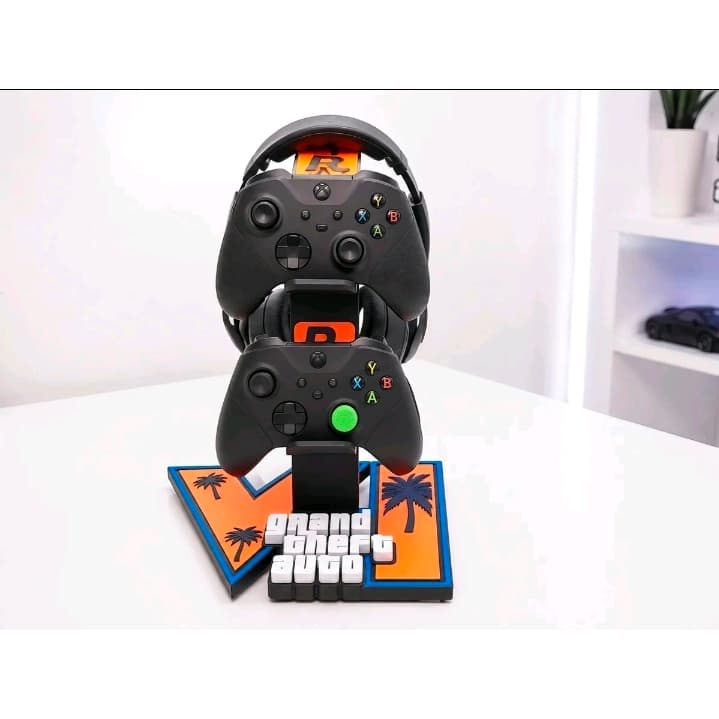 Suporte para 2 Controles e 1 Headset GTA VI Organização Estilo para PS5 PS4 Xbox Nintendo Switch e PC Acessório Gamer 3D