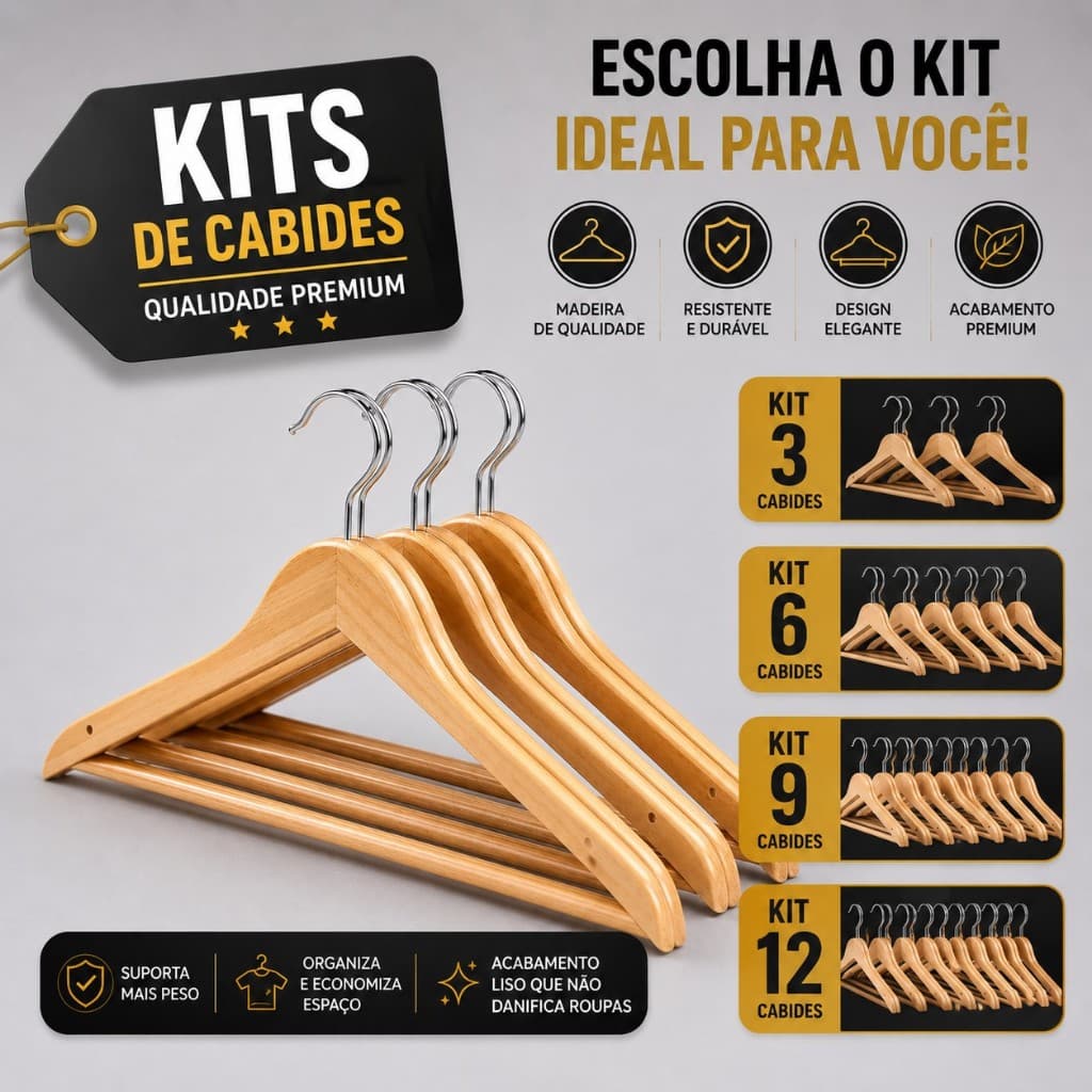 Kit 3 Cabides De Madeira C/ Gancho Giratório Luxo verniz organização de closet