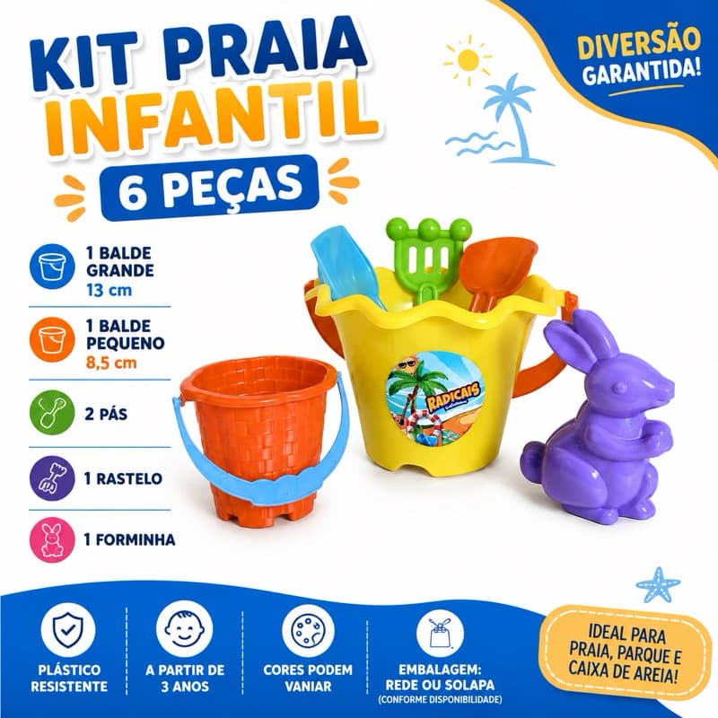 Kit Praia Infantil 6 Peças com Balde Grande e Pequeno Pá Rastelo Forminha Brinquedo de Areia R-20