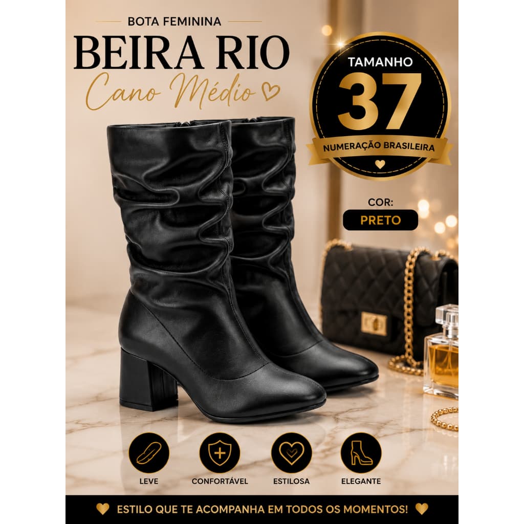 Bota Feminina Beira Rio Cano Médio Conforto Zíper Casual - TAMANHO: 37