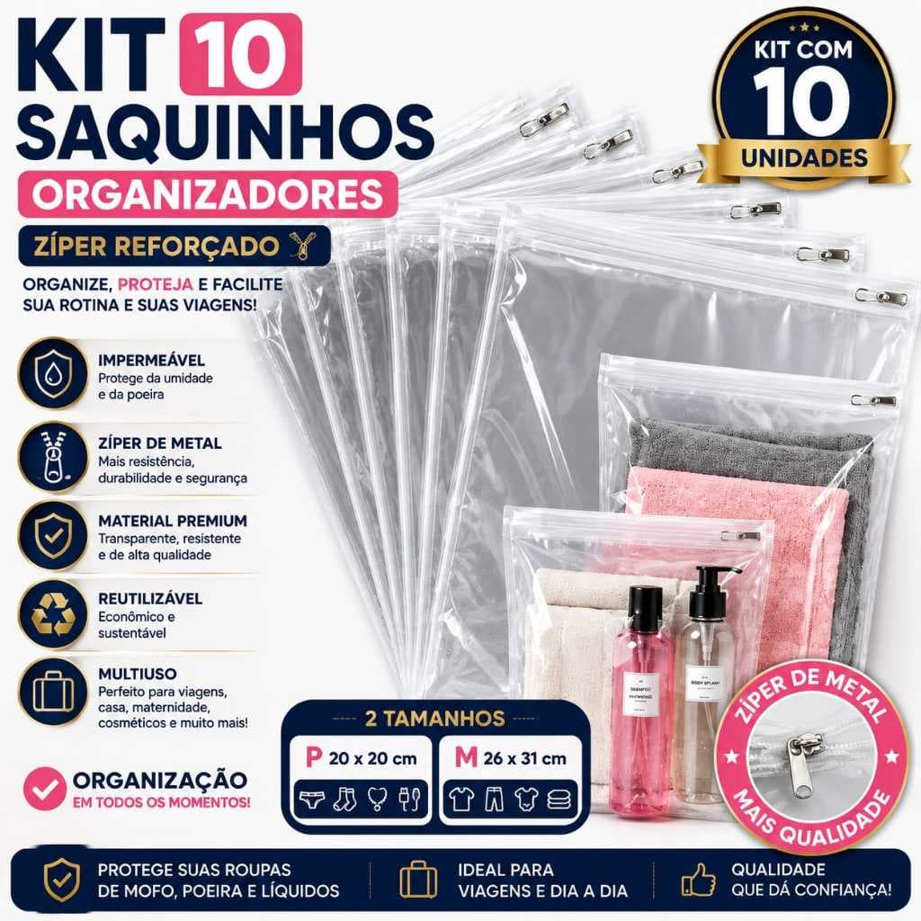 Kit 10 Saquinhos Organizadores com Zíper Em Metal  Multiuso P e M para Mala Viagem Maternidade Guarda Roupa Impermeável