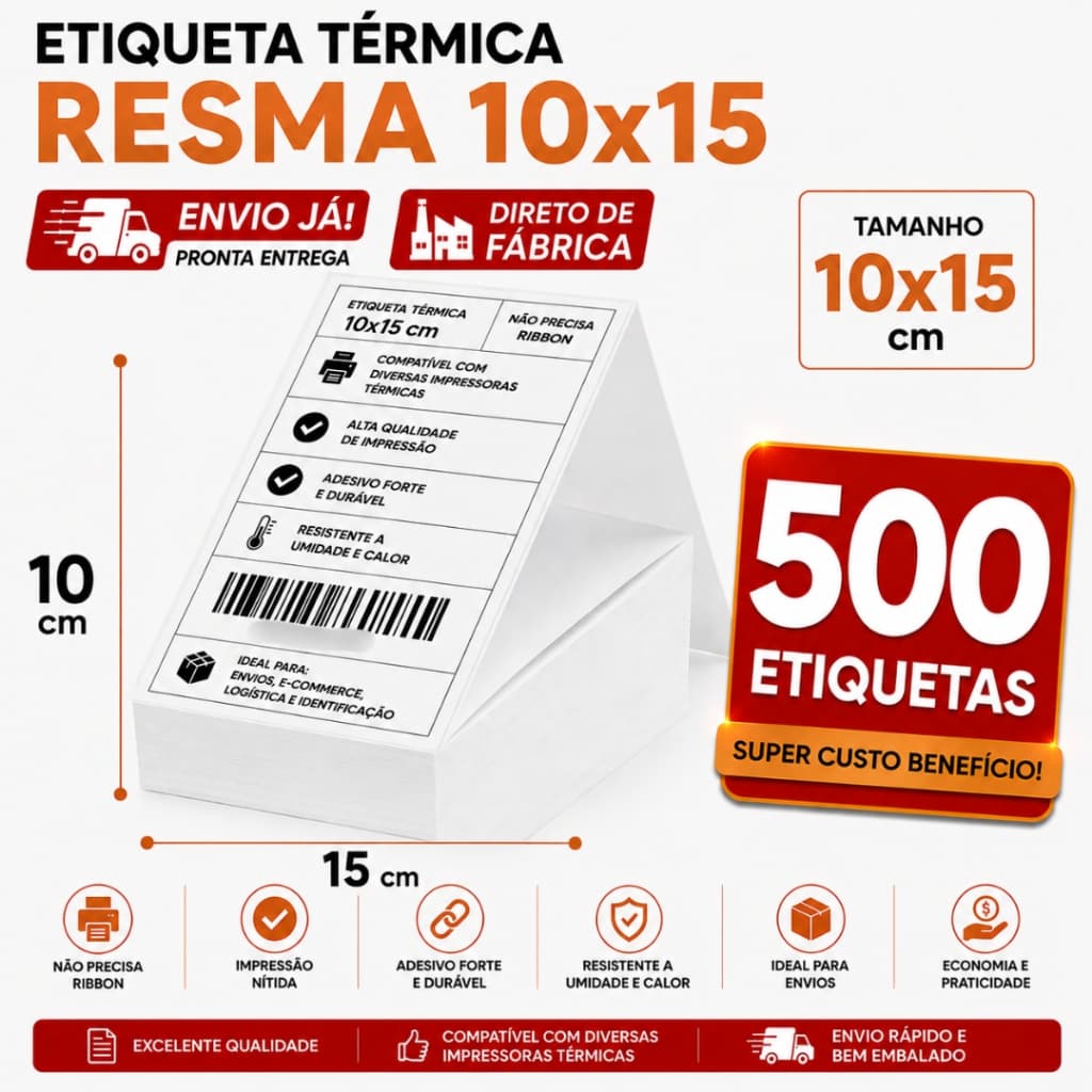 Kit 500 Etiqueta Térmica Adesiva Resma 10x15 Ecommerce Envios Zebra Elgin Impressora Sem Ribbon Papel Contínuo