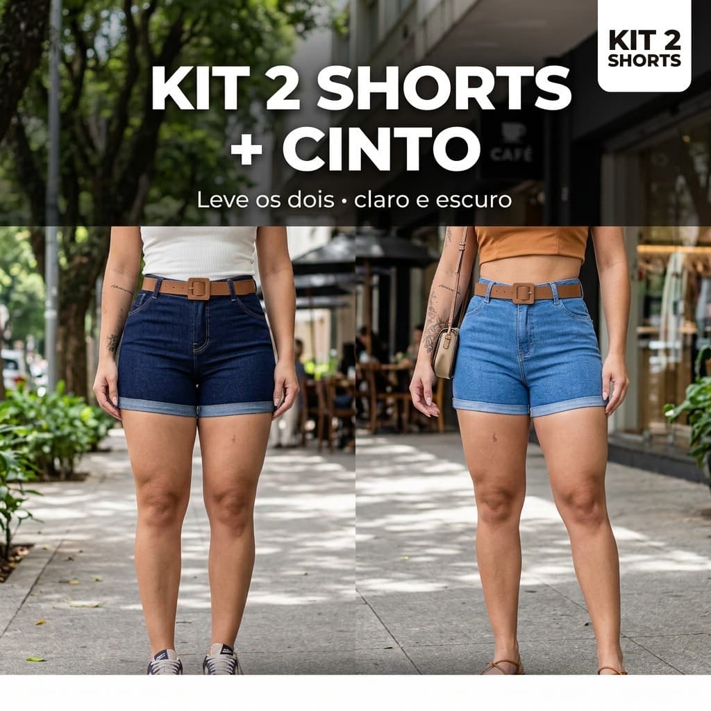 Shorts Jeans Femininos Cintura Alta Levanta Bumbum com Cinto kit 2