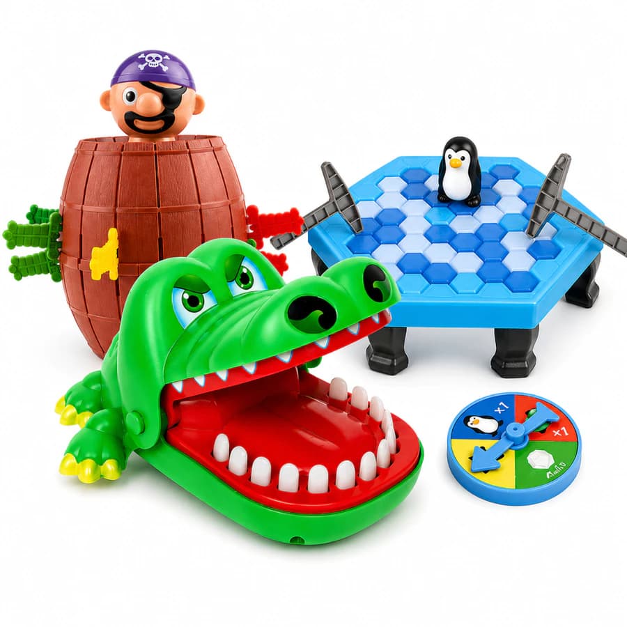 Brinquedos Divertidos Pinguim Quebra Gelo Crocodilo Cachorro Dentista e Pula Pirata é diversão total