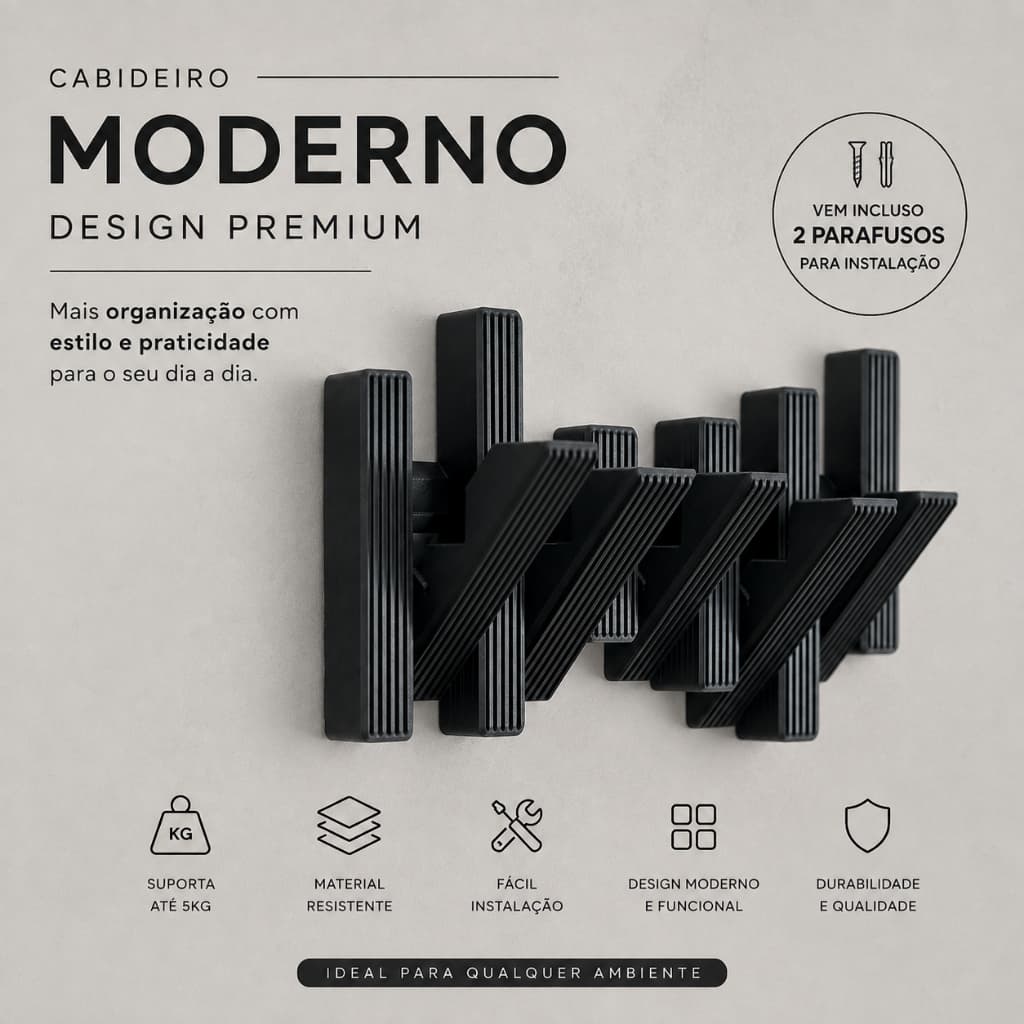 Cabideiro de Parede Preto 5 Ganchos Design Moderno Decorativo Hall Sala Quarto Minimalista