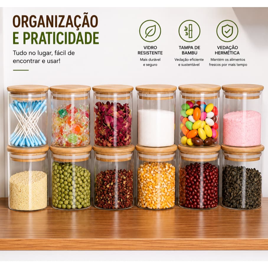 Kit potes de vidro com tampa de bambu herméticos redondos
