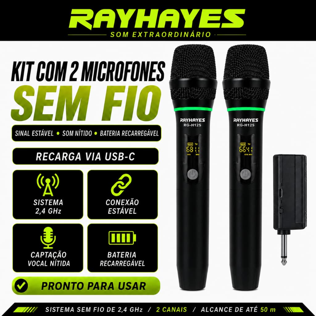RAYHAYES RG-H12S Microfone Sem Fio Dinâmico 2.4G Duplo Microfone Karaokê Redução de Ruído