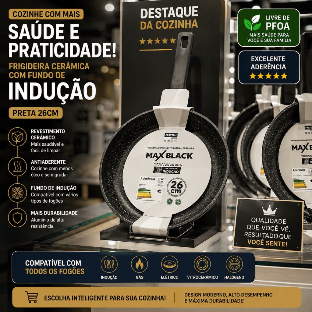 Frigideira Antiaderente Cerâmica Indução 28/26/22/20/18 cm Revestimento Resistente Preto - Cozinha