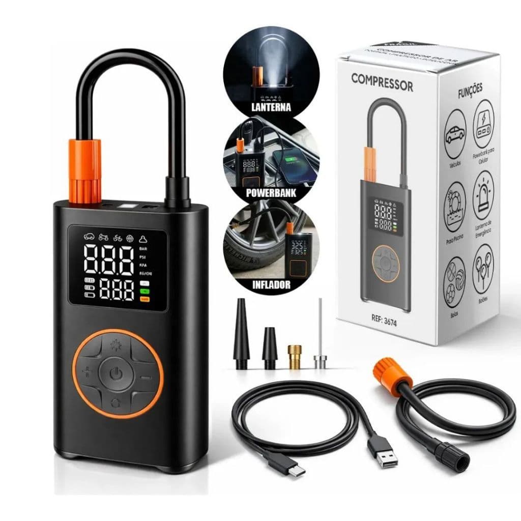 Mini Compressor De Ar Digital Portátil Recarregável Usb-c Calibrador Pneu Moto Carro Bike Bola + Função Powerbank 80W.Ho