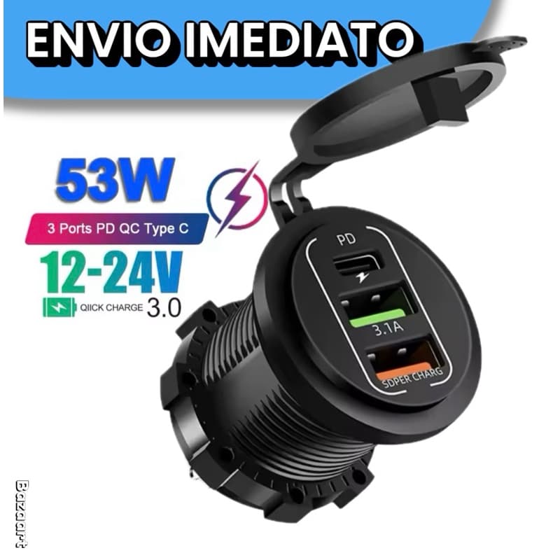 Carregador Universal 12-24V para Moto e Carro, Carregador Duplo USB TIPO-C, Tomada de Força à Prova d"Água para