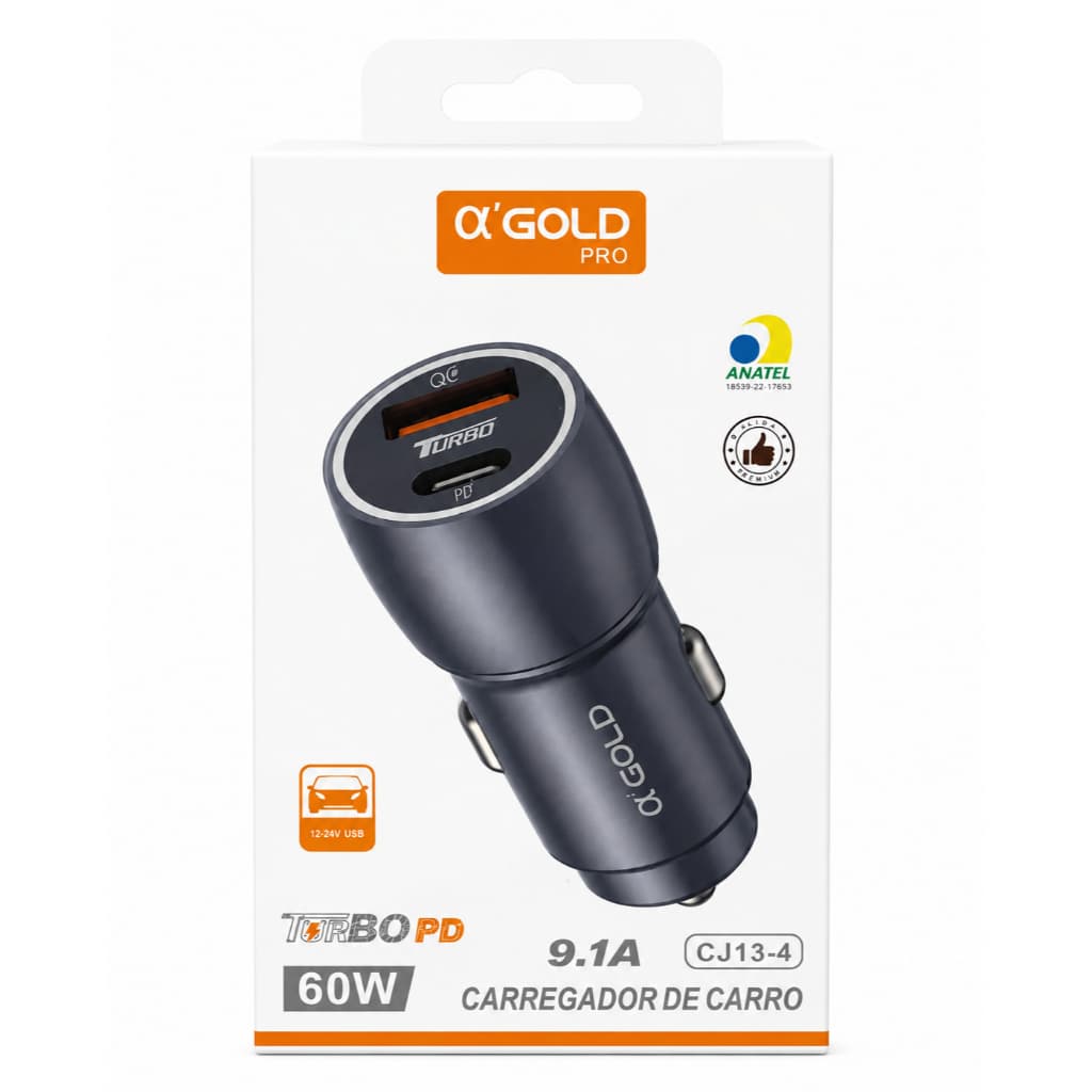 Carregador Veicular Turbo 60W PD USB-C + USB QC 3.0 / 9.1A