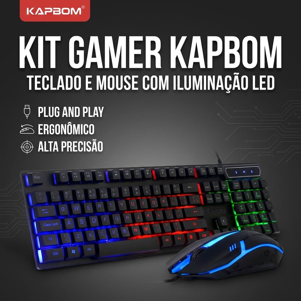 Kit Teclado E Mouse Gamer Kapbom Semi Mecânico LED RGB ABNT2
