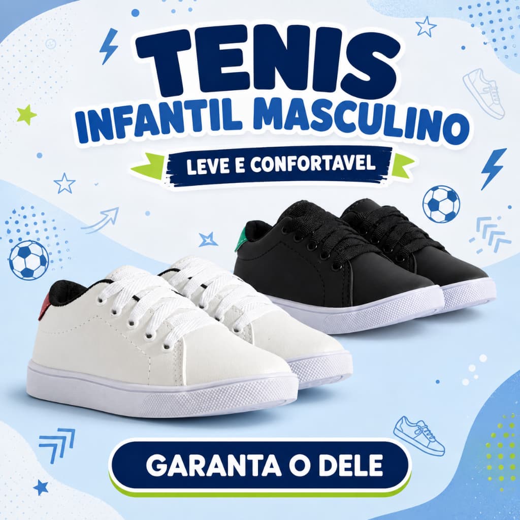 KIT 2 PARES Tênis Infantil Casual Couro Sintético Confortável Leve Resistente Durável Original Para o Dia a Dia 19/28