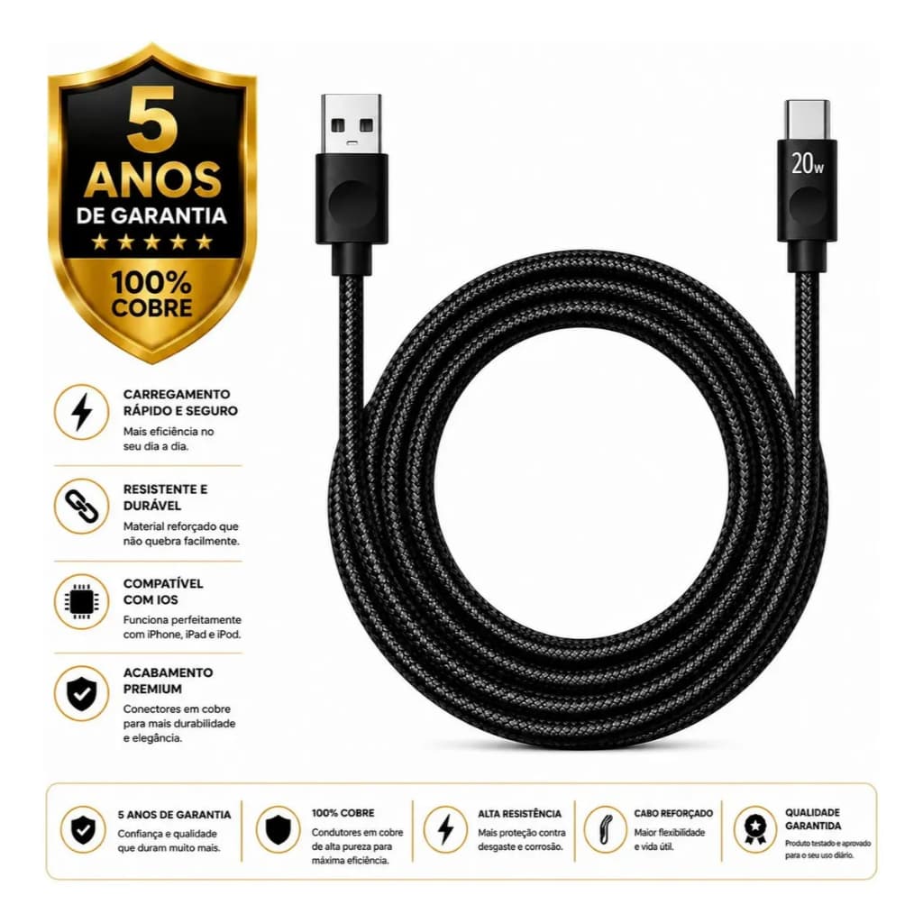 Cabo Usb Tipo C Para Samsung Motorola Turbo Nylon Trançado 20w 1 Metro Cor Preto Dtim