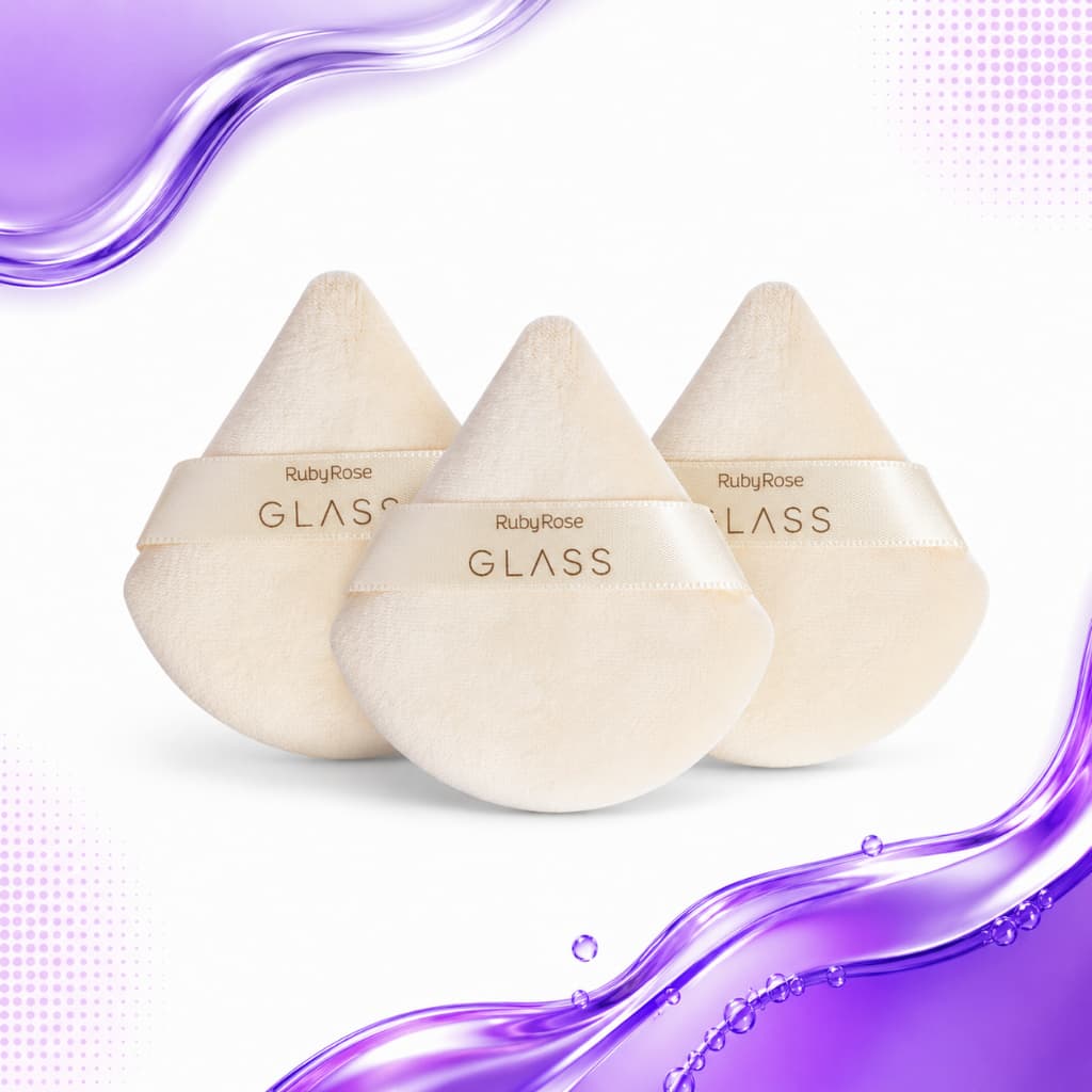 Kit 3 Esponjas Ruby Rose Glass HBS04 Powder Puff Bege Macia Sedosa Aplicação Uniforme Pó Facial Face
