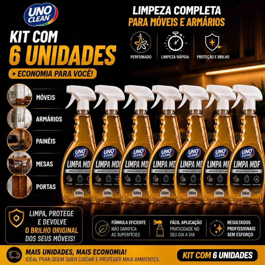 Kit com 6 Limpa MDF 500ml Spray Perfumado Limpeza Rápida Móveis Armários Remove Sujeira Gordura Não Danifica
