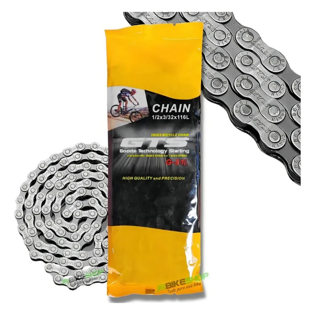 Corrente GTS G-51L Index Prata 116 Elos para Bicicleta 6/7/8 Velocidades