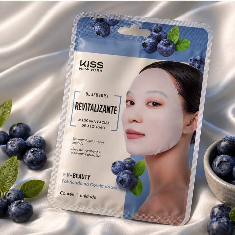 Máscara Facial de Algodão Kiss New York Nutritivo Blueberry – 20ml | K-Beauty