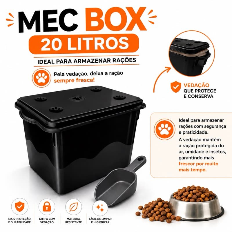 Porta Ração Mec Box Até 10KG Armazenador Organizadora Com Pá Coletora