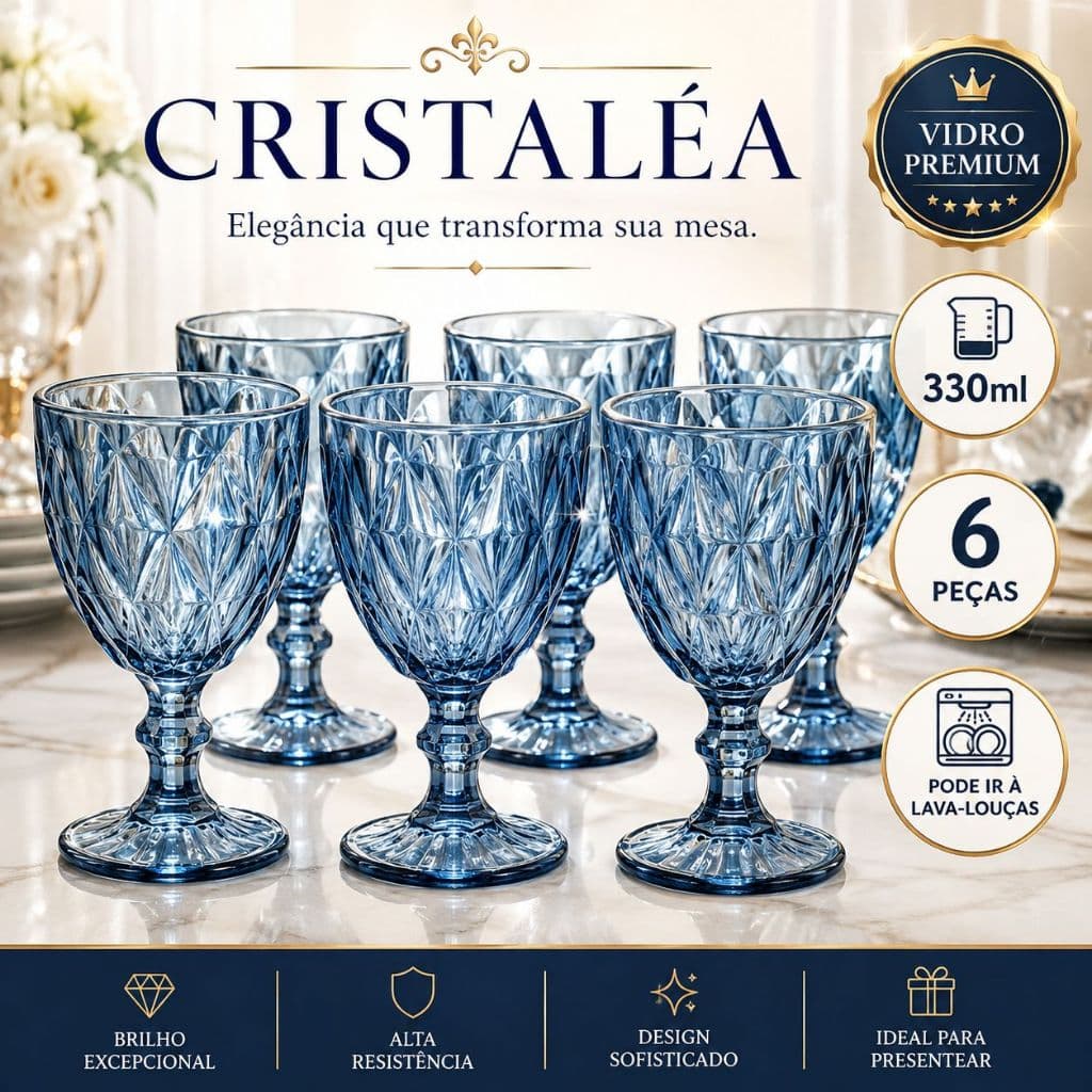 Jogo 6 Taças de Vidro Cristaléa 330ml Azul Elegante Resistente Mesa Posta