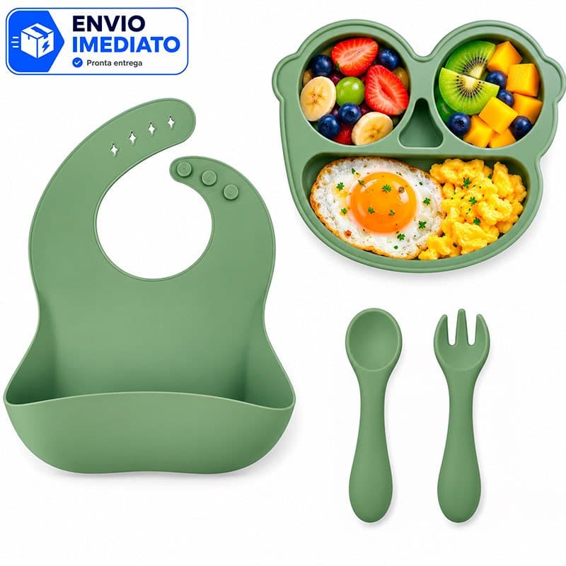 Kit 3 Peças Talheres de Silicone com Colher, Garfo, Prato e Babador Infantil