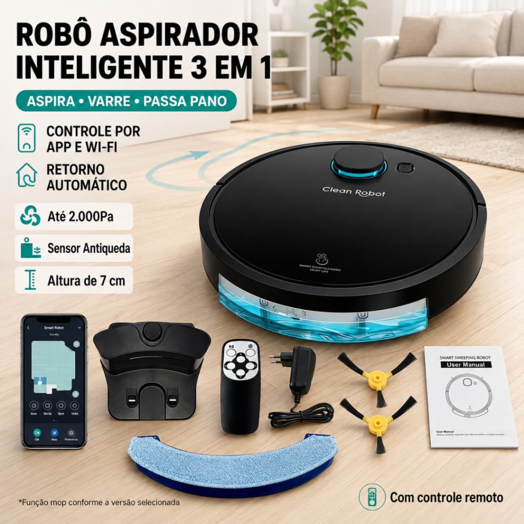 Aspirador de pó robô mop antiqueda 2000Pa cor preto com APP Wi-Fi, Retorno Automático e Sensor Antiqueda