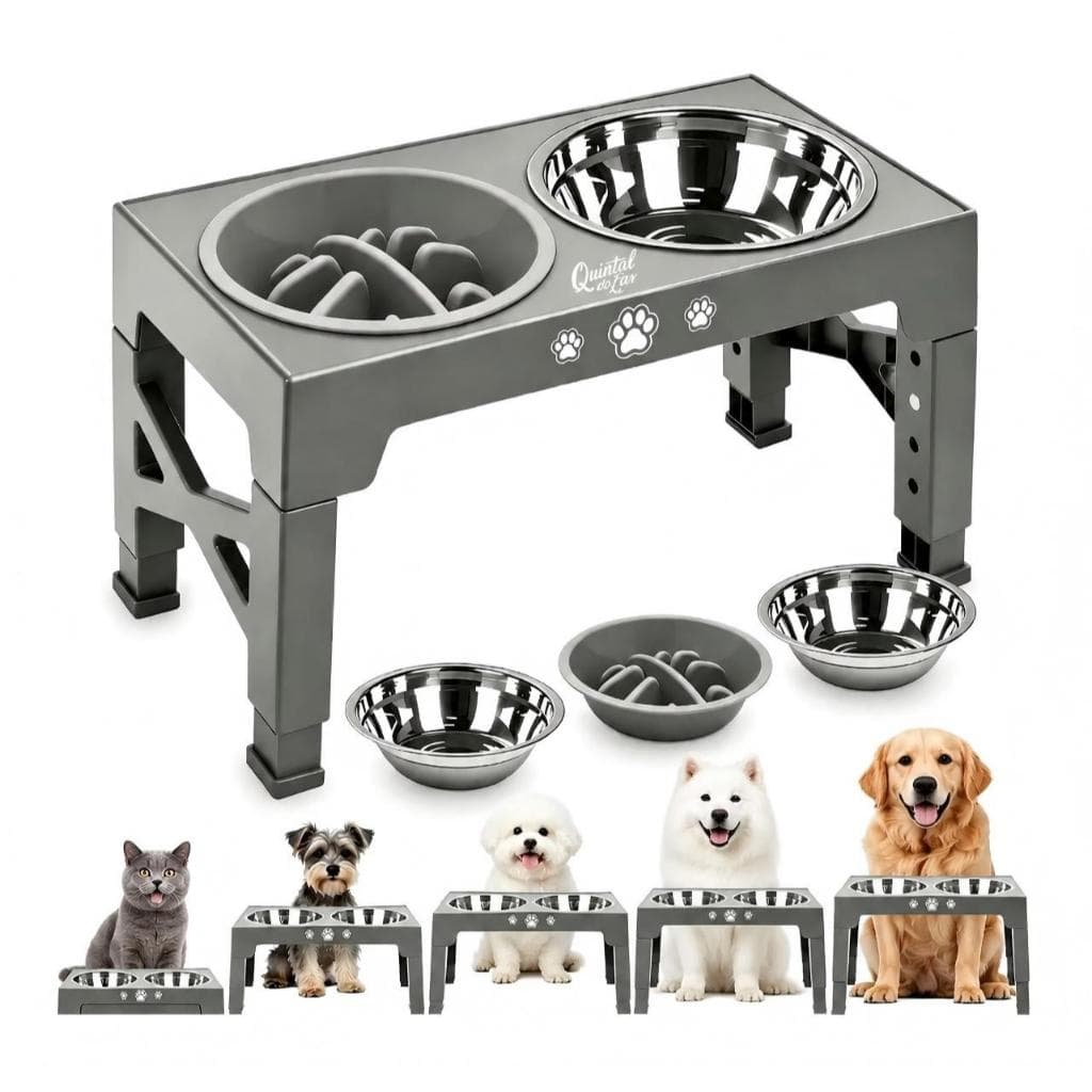 Comedouro Elevado Dobrável 5 Alturas para Cães e Gatos, 2 Tigelas Inox +1 Comedouro Lento Anti‑Engasgo
