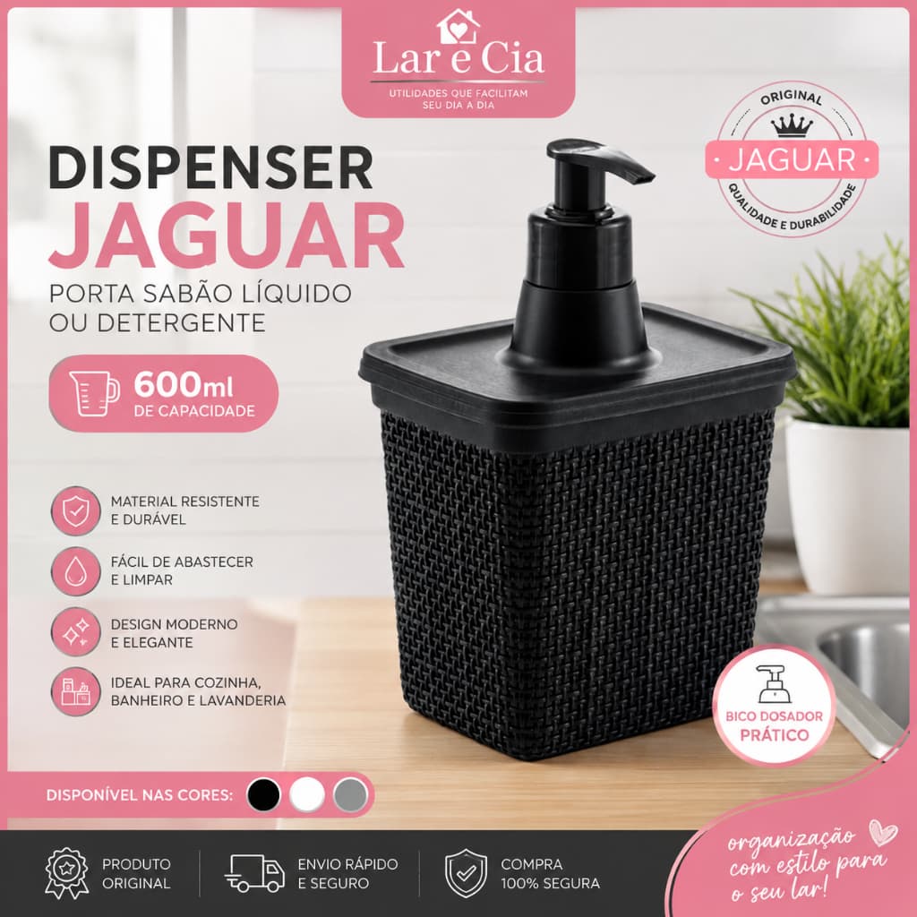 Dispenser Porta Detergente 600ml Jaguar Porta Sabão Líquido Dosador Para Pia Cozinha Banheiro