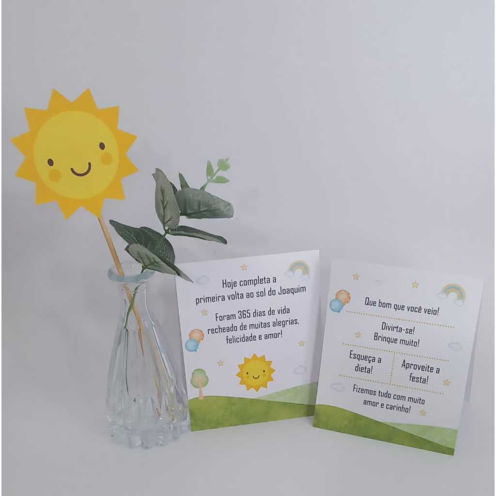 Plaquinha de Agradecimento + Sol, Centro de mesa, Cardápio de festa Minha Primeira Volta ao Sol