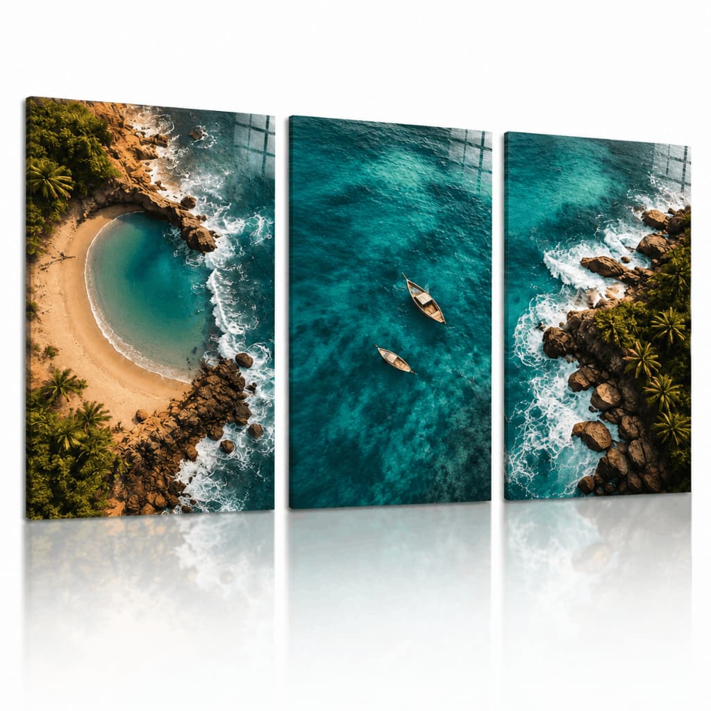 Kit 3 Quadros Decorativos Praia Mar Paisagem Oceano Azul Vista Aérea Sala Quarto Escritório