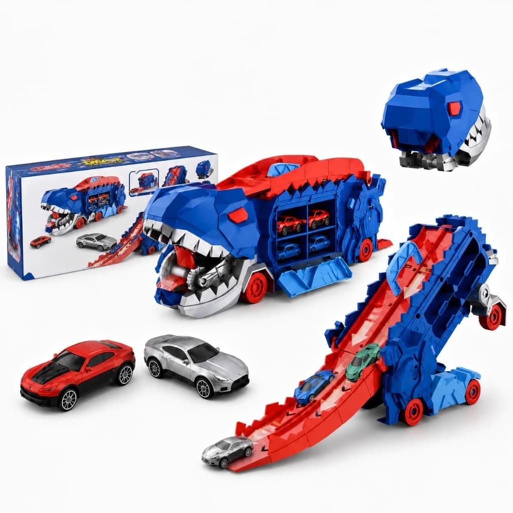 Caminhão Dinossauro Brinquedo Infantil  Engole Carrinhos com 2 Carros de Metal Pista Lançador