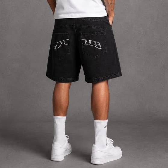 Bermuda Jeans Estonada Black Premium Fire Masculina Streetwear Reta
