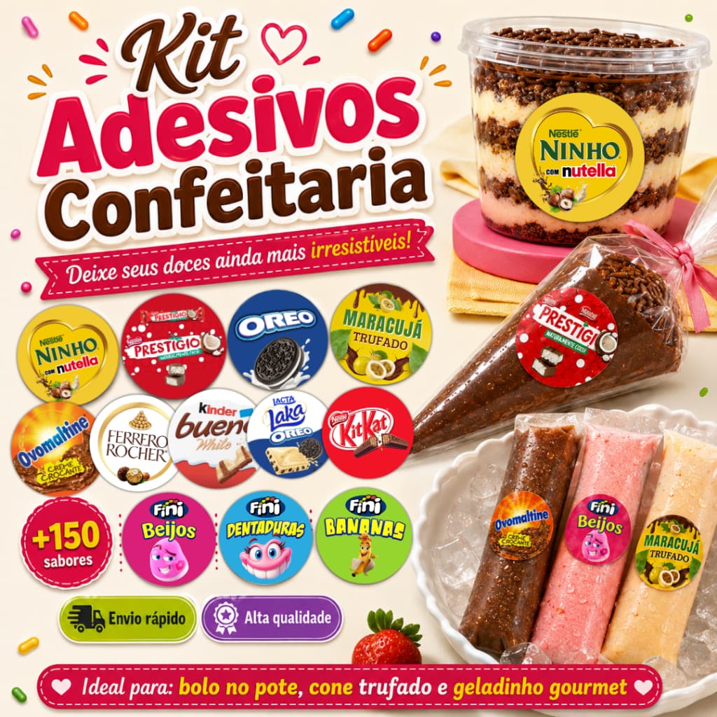Kit 100 Adesivos Sabores 5x5 Bolo No Pote Cone Trufado Geladinho Gourmet Adesivos Rótulos Etiquetas