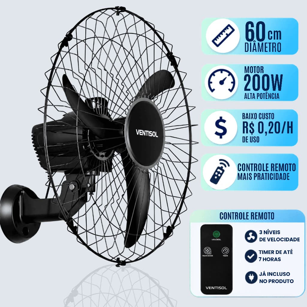 Ventilador Parede 60cm Ventisol Max Control Controle Remoto