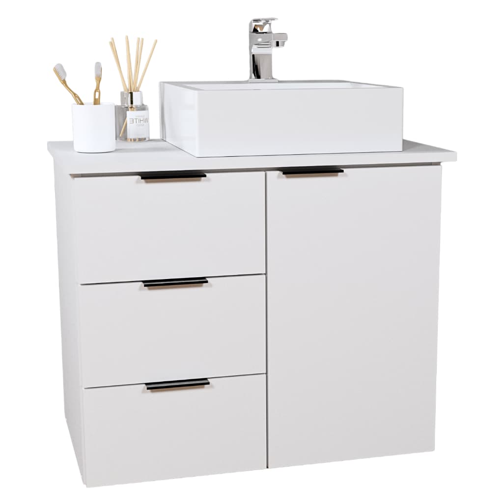 Balcão Móvel Gabinete 60cm MDF Para Banheiro Com Tampo & Cuba - Gavetas Lado Esquerdo Com Fundo
