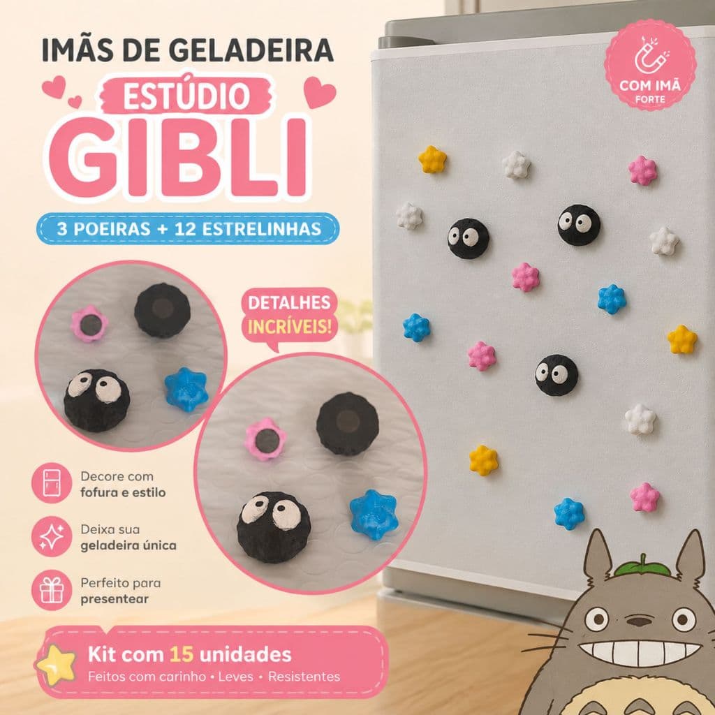 Kit 15 Ímãs de Geladeira Studio Ghibli - 3 Poeirinhas Susuwatari + 12 Estrelinhas Konpeito | Imã Forte Decorativo