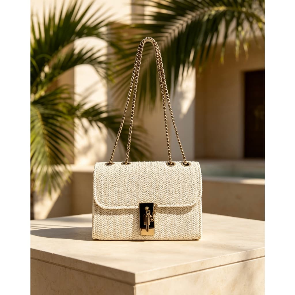 Bolsa Palha Creme Elegante Corrente Luxo