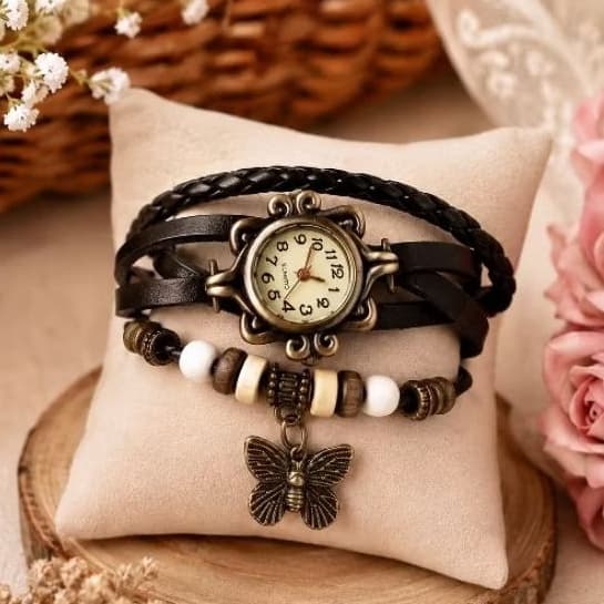 Relógio Feminino Vintage Couro Sintético Pingente Borboleta Bracelete Presente