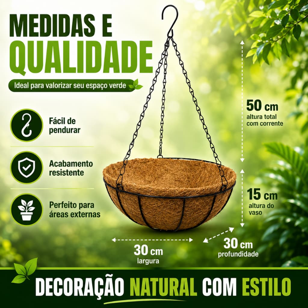 Kit 5 Vasos Artesanais de fibra de coco Natural 30cm Com armação suspensa jardim vertical  lindo