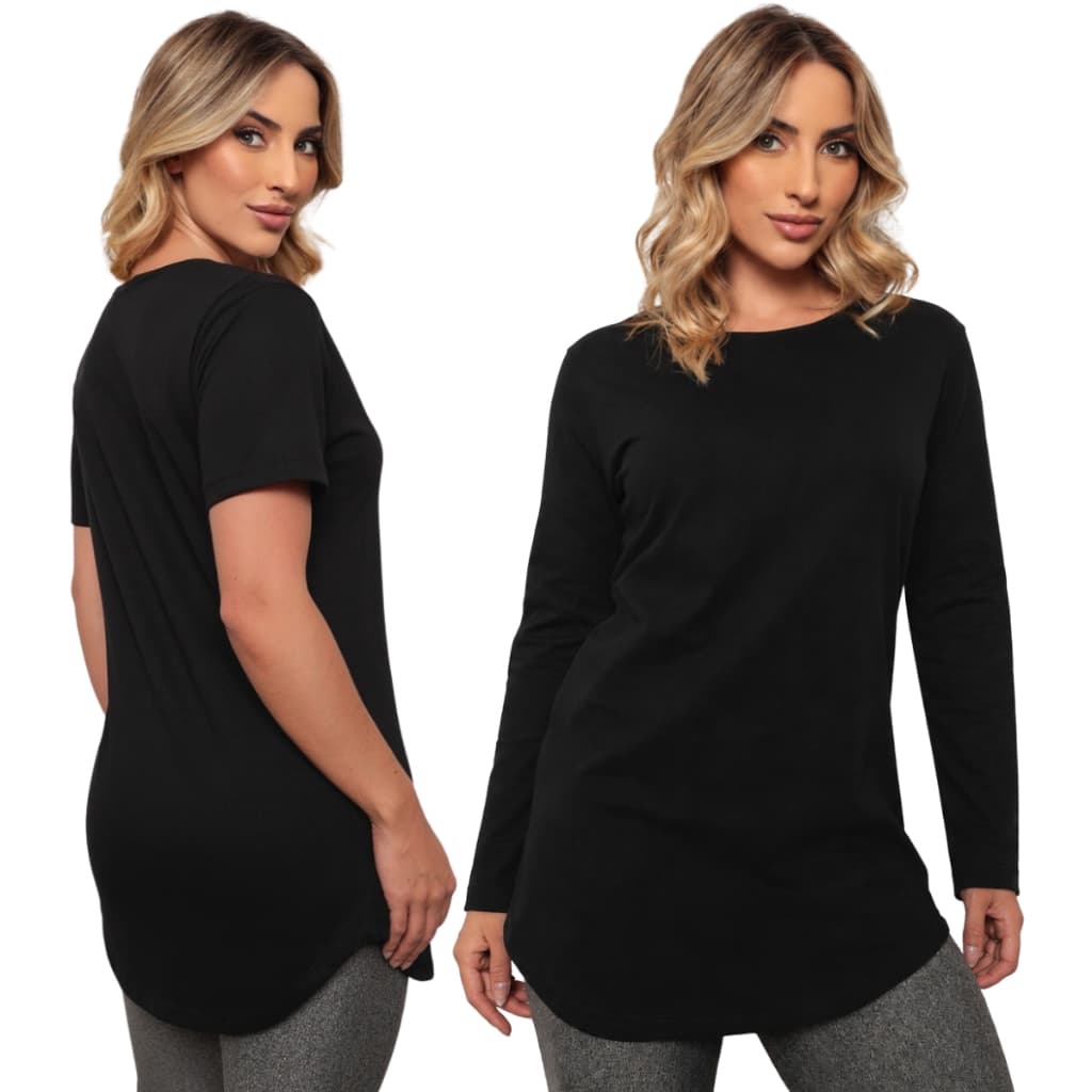 Kit 2 Blusas Camisetas Feminina Manga Curta e Longa Cobre Leg Tapa Bumbum Fitness Academia