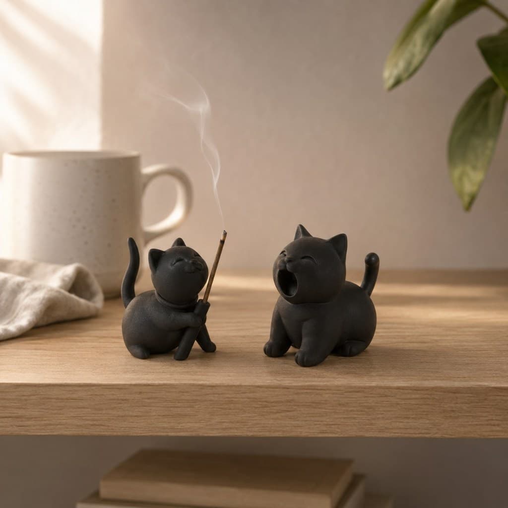 Incensário Decorativo Gato Porta Incenso Vareta Kit 2 Peças Minimalista Zen Sala Quarto