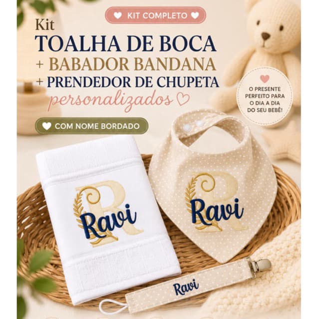 Kit Toalha de Boca + Babador Bandana + Prendedor de Chupeta Personalizados com Nome