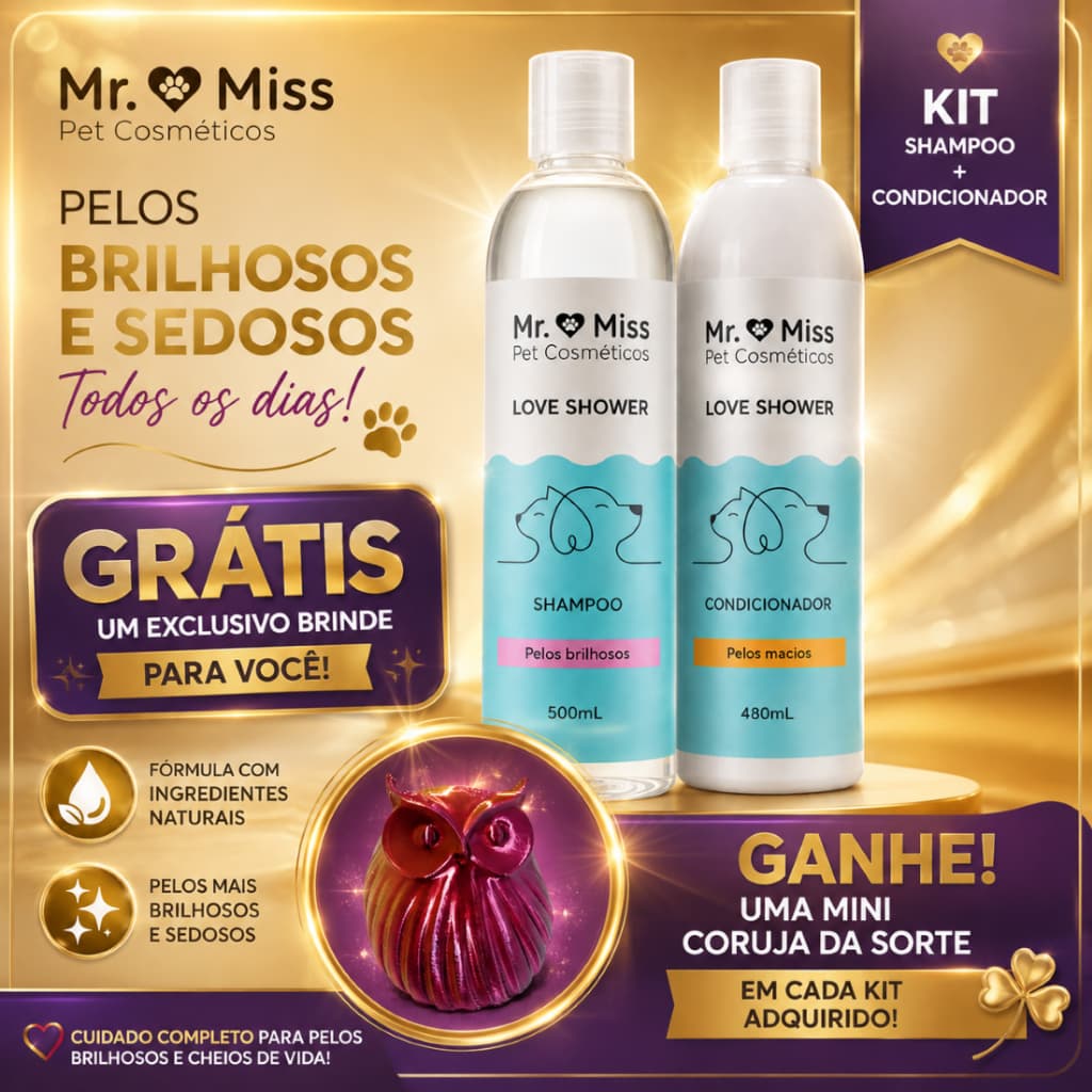KIT PET Shampoo 500ml + Condicionador Desembaraçador 480ml MR & MISS PET para Cães e Gatos
