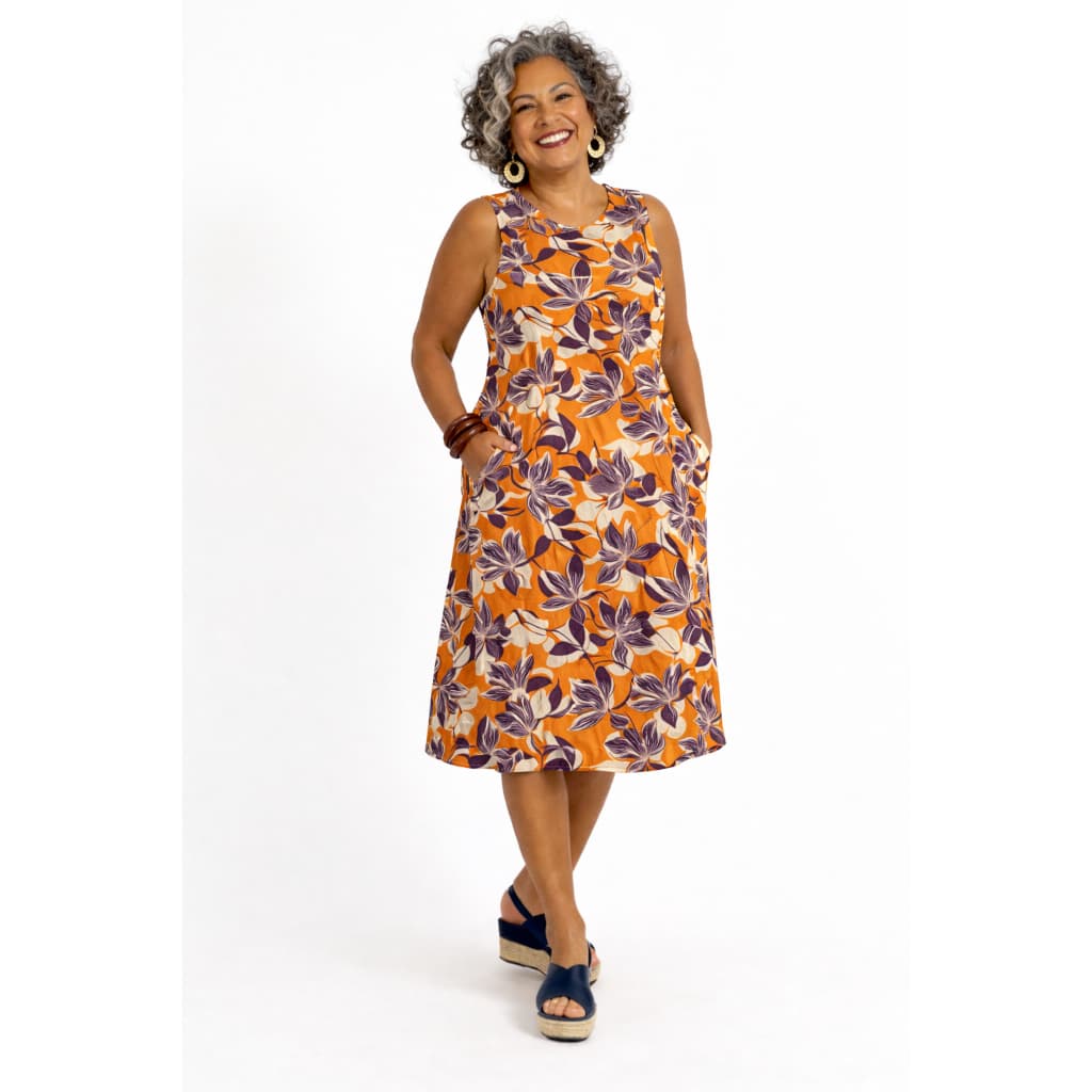 Vestido para Senhoras Crepe Midi 100% Forrado Alças Largas com Bolsos Laterais Decote Redondo Plus Size Casual